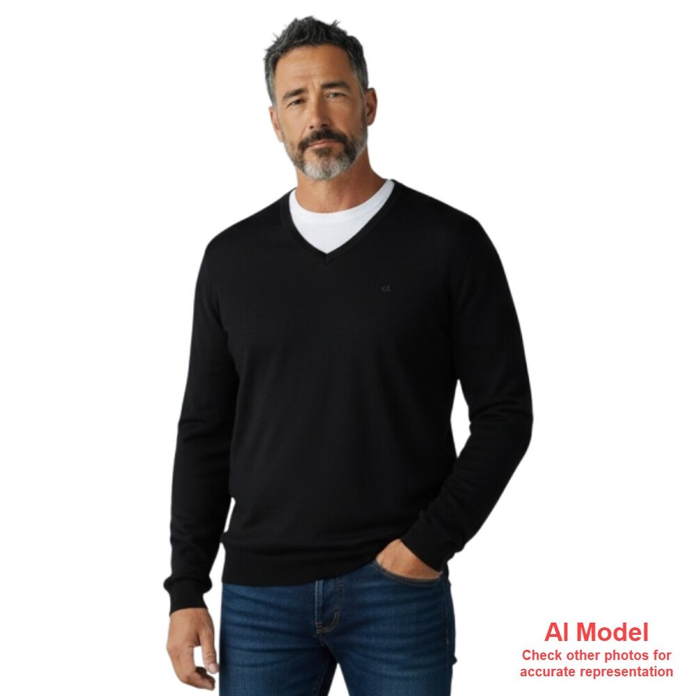 Mens Large Calvin Klein Italian Merino Wool Sweater V Neck Black Lightweight